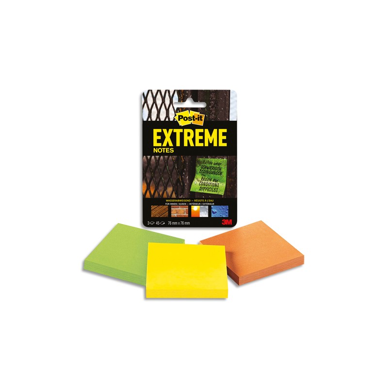 POST-IT Notes Extreme 76 x 76 mm 6 blocs de 45 feuilles. Couleurs assorties : Vert, Orange, Jaunes.