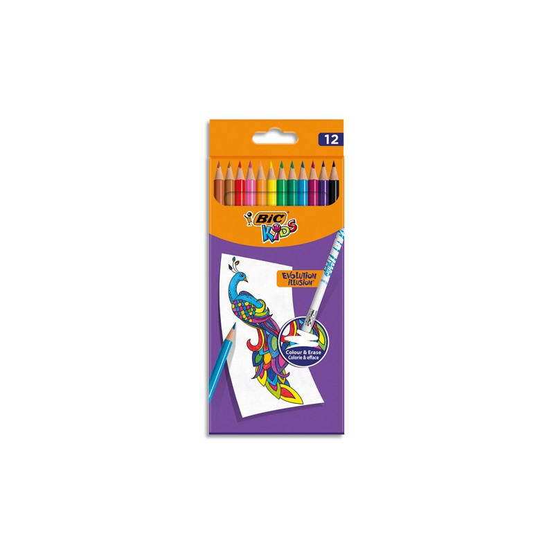BIC Pochette de 12 Crayons de couleur Kids Evolution Illusion corps rond assortis, effaçable bout gomme