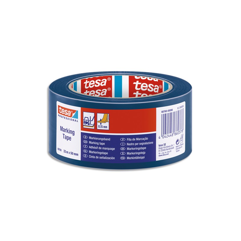 TESA Ruban adhésif PVC 150 microns bleu de marquage au sol, ruban d’avertissement, 33 m x 50 mm