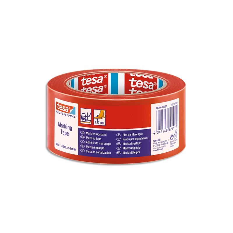 TESA Ruban adhésif PVC 150 rouge de marquage au sol, ruban d’avertissement, 33 m x 50 mm