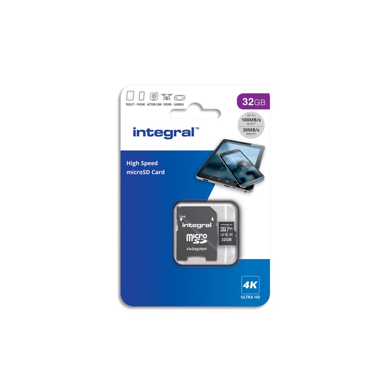 INTEGRAL Carte Micro SDHC+adaptateur 32Go V30 U3 A1 Class 10 UHS-I 100MB/s