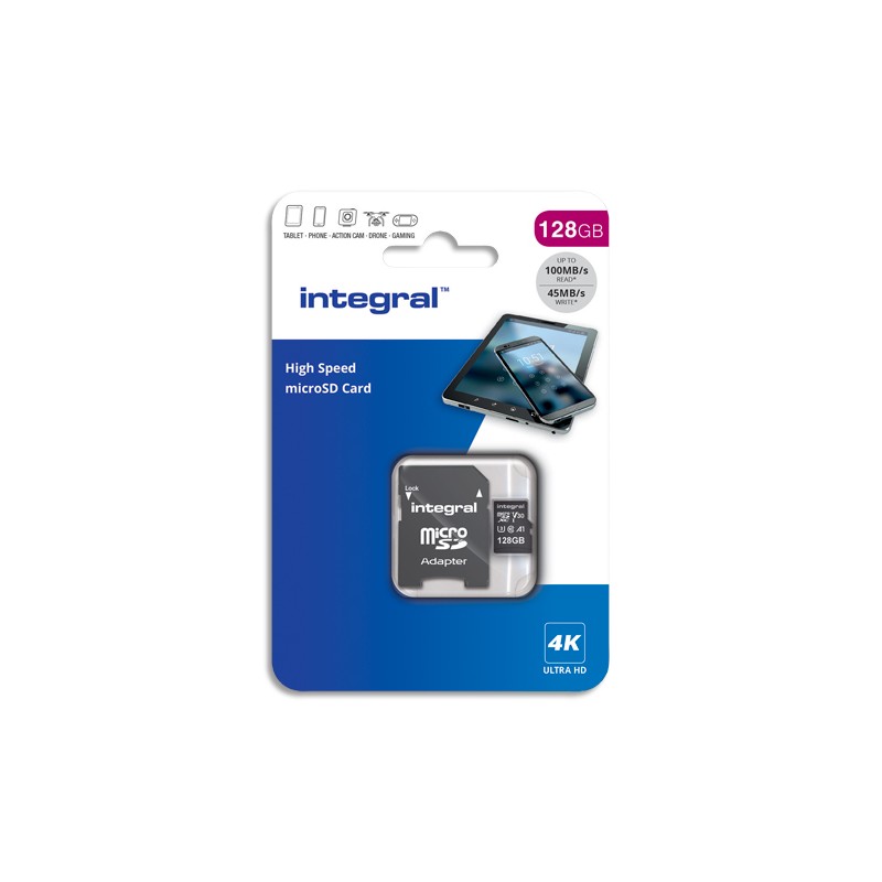 INTEGRAL Carte Micro SDXC+adaptateur 128Go V30 U3 A1 Class 10 UHS-I 100MB/s