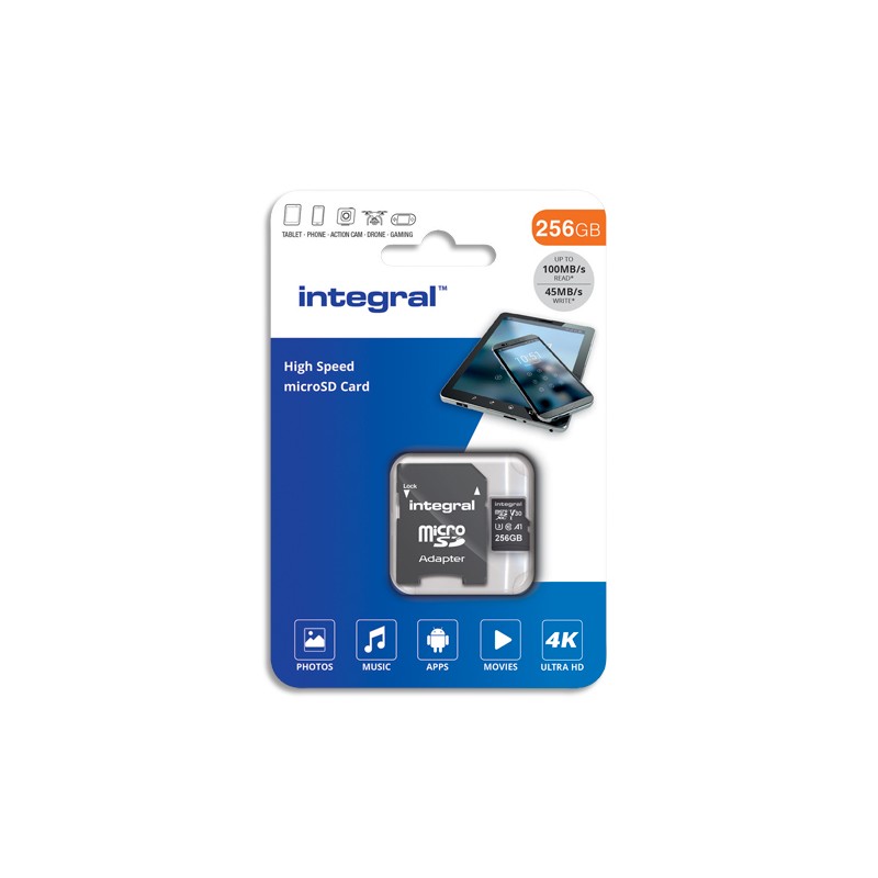 INTEGRAL Carte Micro SDXC+adaptateur 256Go V30 U3 A1 Class 10 UHS-I 100MB/s