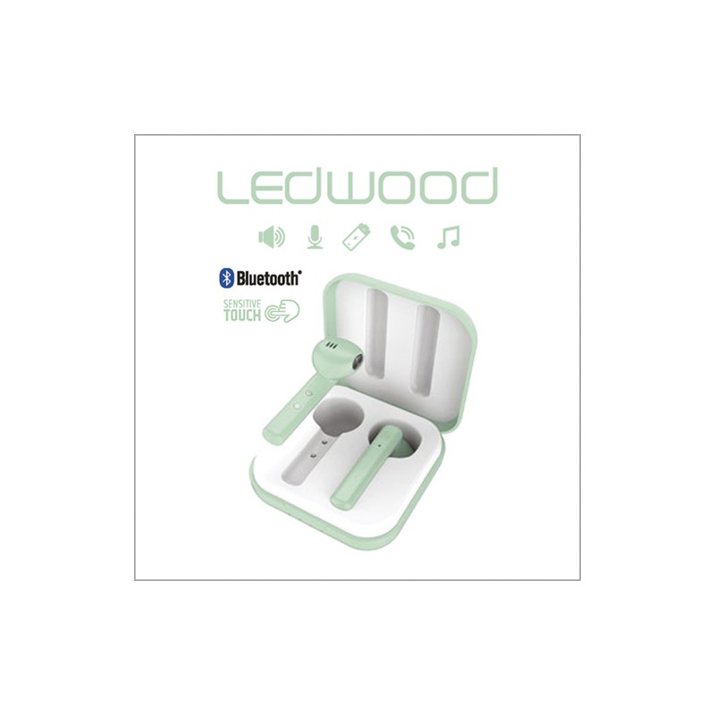 LEDWOOD Ecouteurs intra-auriculaires sans fil Vert Clair, touch contôle, USB TYPE-C