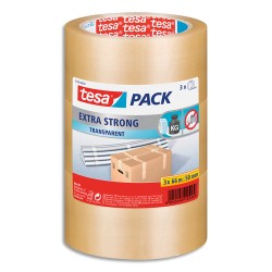TESA Lot de 3 Adhésifs d’emballage Extra Strong en PVC, 52 microns - H50 mm x L66 mètres Transparent