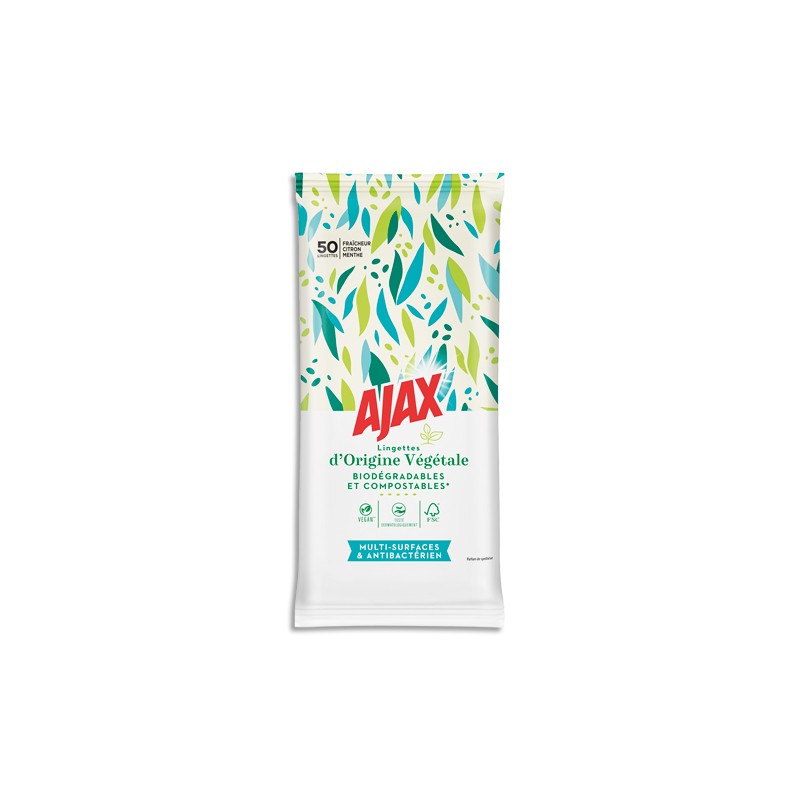 AJAX Paquet de 50 lingettes multi-surfaces et antibactérien, biodégradables, fraîcheur Citron Menthe