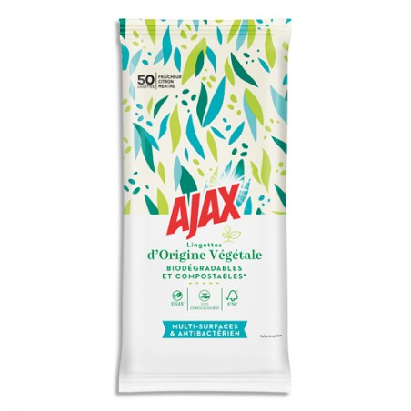AJAX Paquet de 50 lingettes multi-surfaces et antibactérien, biodégradables, fraîcheur Citron Menthe