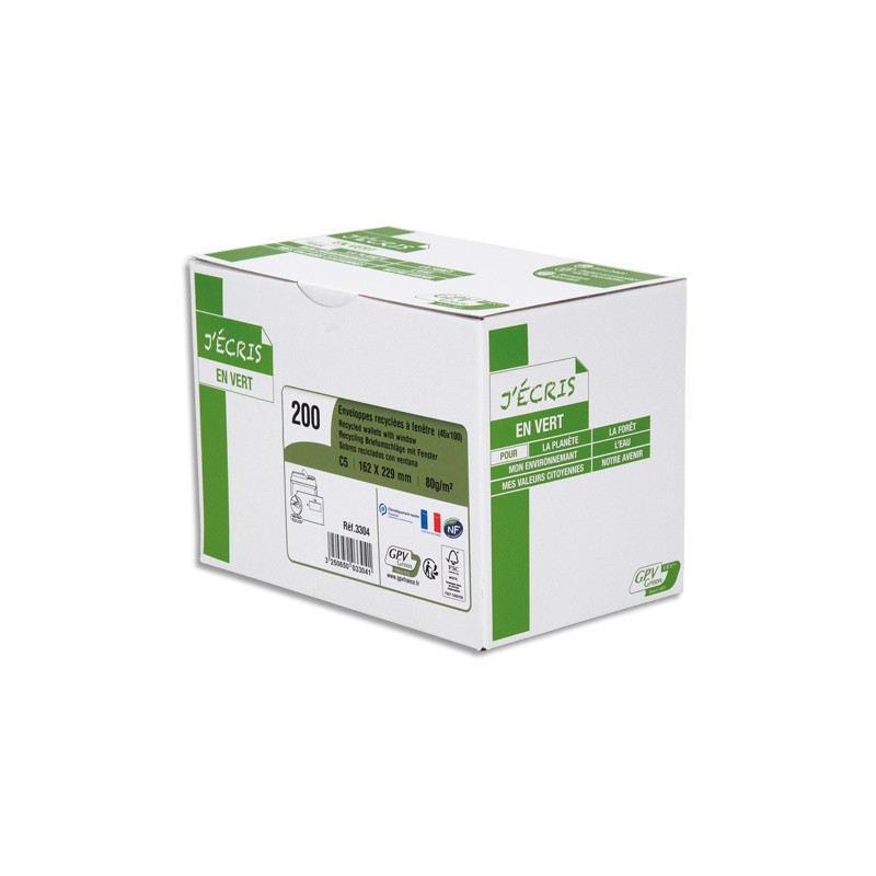 GPV Boîte de 200 enveloppes recyclées extra Blanches Erapure, format C5 162x229mm fenêtre 45x100mm 80g