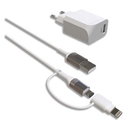 GREEN-E Kit prise secteur+câble 2en1 micro USB-Lightning 1,3m+housse coton bio 2,4A, 12W GR3014