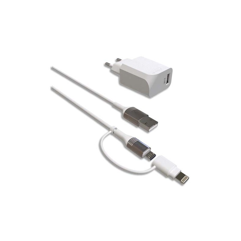 GREEN-E Kit prise secteur+câble 2en1 micro USB-Lightning 1,3m+housse coton bio 2,4A, 12W GR3014