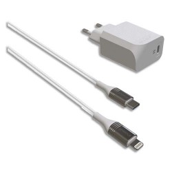 GREEN-E Kit prise secteur USB-C+câble Lightning 1,3m+housse coton bio 3A, 18W GR3016