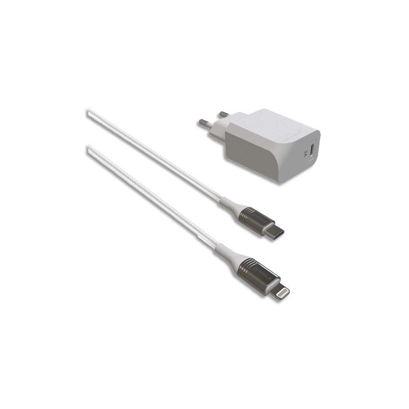 GREEN-E Kit prise secteur USB-C+câble Lightning 1,3m+housse coton bio 3A, 18W GR3016