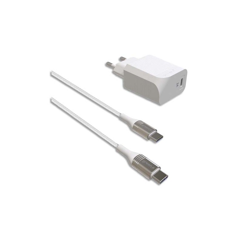 GREEN-E Kit prise secteur USB-C+câble USB-C tressé charge rapide 1,3m+housse coton bio 3A, 18W GR7014