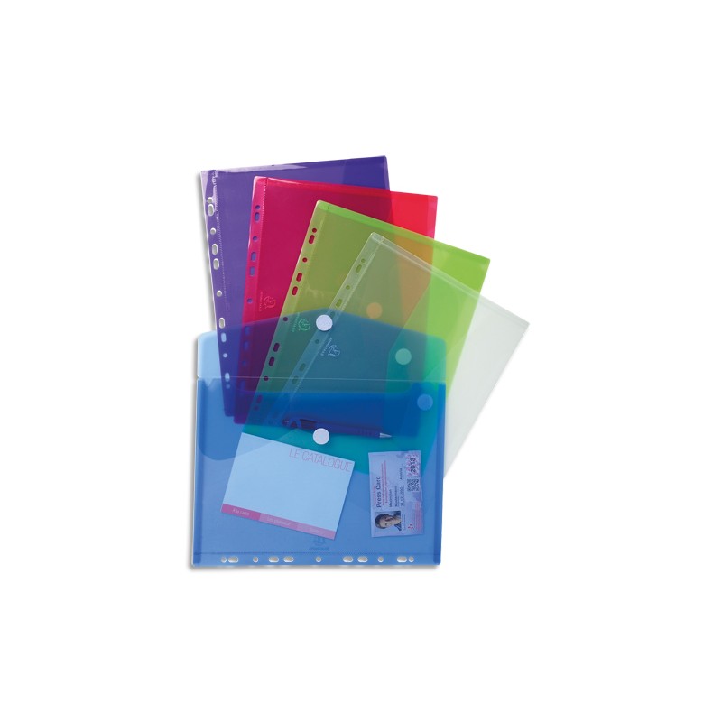 EXACOMPTA Sachet de 5 pochettes-enveloppes velcro perforées en polypropylène 2/10e. Coloris assortis