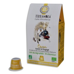 TERRAMOKA Paquet de 15 capsules de Café bio Arabica d'Ethiopie, biodégradables, compatibles Nespresso