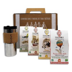 TERRAMOKA Coffret de 4 étuis de 15 capsules de Café bio, biodégradables + 1 travel Mug