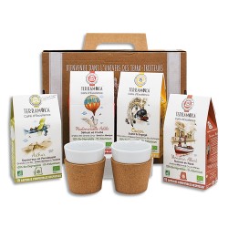 TERRAMOKA Coffret de 4 étuis de 15 capsules de Café bio, biodégradables + 2 Mugs porcelaine et liège 17cl