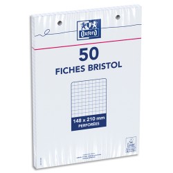 OXFORD Sachet 50 fiches bristol perforées 148X210mm (A5) petits carreaux 5x5 Blanc
