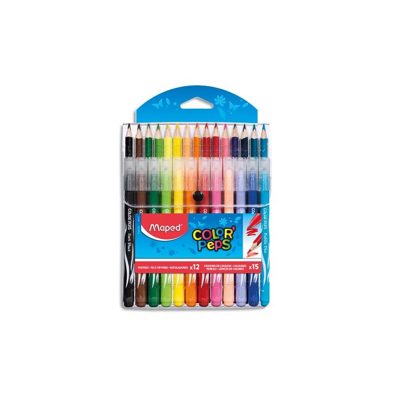 MAPED Pochette de 12 feutres LONG LIFE + 15 crayons de couleur COLOR PEPS