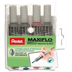 PENTEL Pochette de 4 marqueurs effaçables à sec tableaux Blancs pointe ogive large encre liquide MAXIFLO