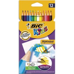 BIC Pochette 12 crayons de couleur aquarellable AQUACOULEUR. Corps 17,5cm. Coloris assortis