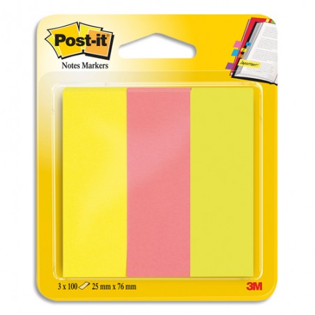POST-IT 3 blocs de 100 marque-pages standards format 25x76mm coloris assortis