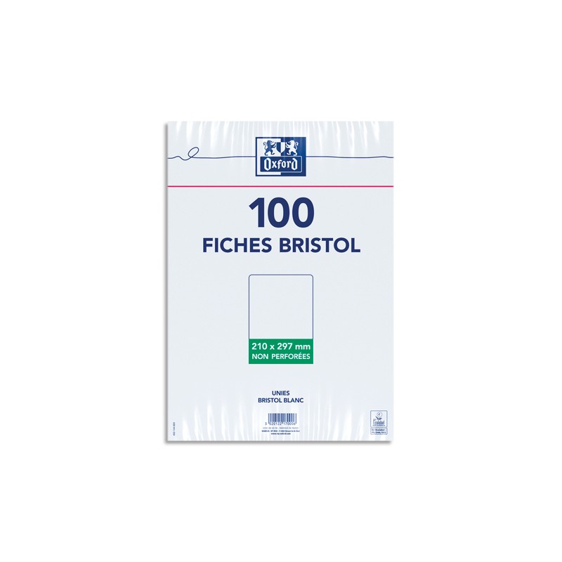 OXFORD Sachet 100 fiches bristol non perforées 210x297mm (A4) uni Blanc