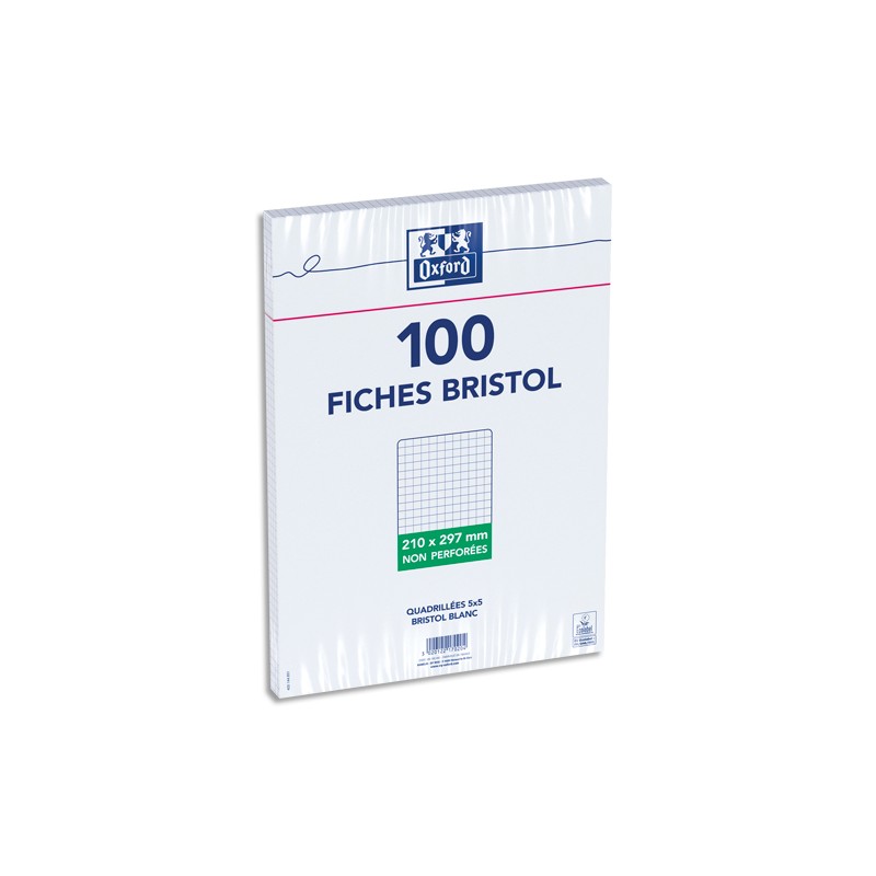 OXFORD Sachet 100 fiches bristol non perforées 210x297mm (A4) petits carreaux 5x5 Blanc