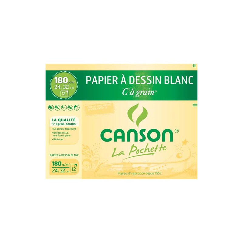 CANSON Pochette de 12 feuilles 24x32cm papier dessin Blanc C A GRAIN 180g