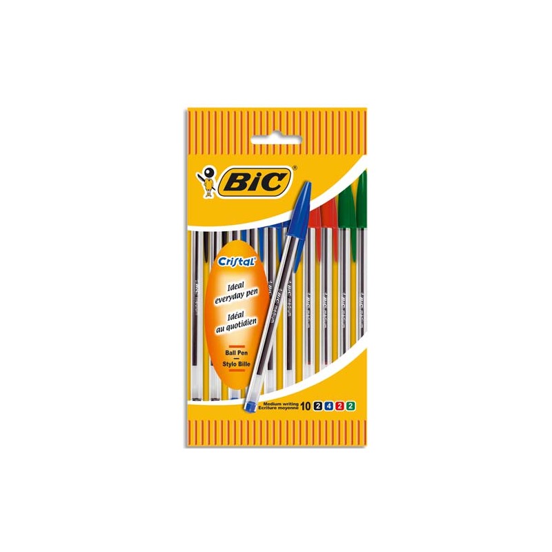 BIC Pochette de 10 stylos à bille pointe moyenne 4 couleurs d’encre corps plastique transparent CRISTAL