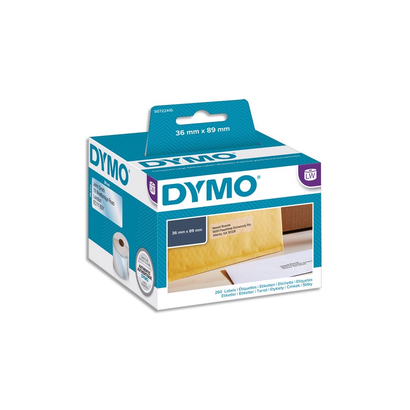 DYMO Rouleau 260 étiquettes adresses transparent adhésif permanent 36 x 89 mm S0722410