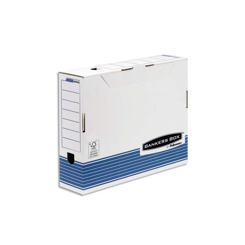 BANKERS BOX Boîte archives SYSTEM format A3, dos de 10cm, montage automatique, carton recyclé Blanc/Bleu