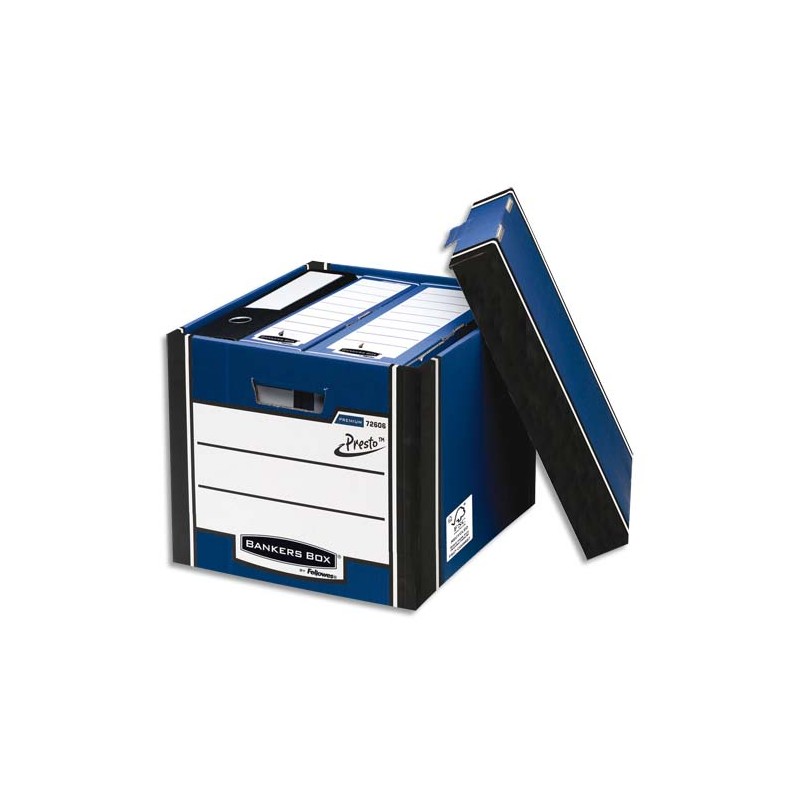 BANKERS BOX Caisse PRESTO L40xh25,7xp34cm, montage automatique, carton recyclé Blanc/Bleu