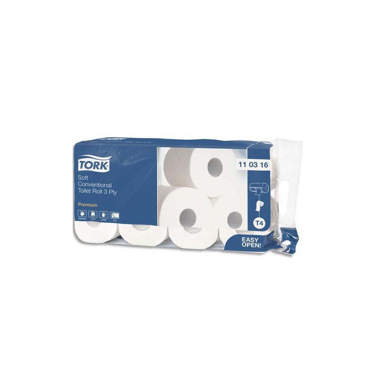 TORK Paquet de 8 rouleaux Papier toilette Traditionnel doux Premium 3 plis 250 feuilles