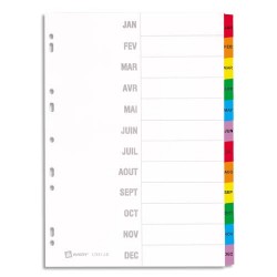 AVERY Répertoire mensuel 12 touches. En carte Blanche, onglets plastifiés de couleur. Format A4.