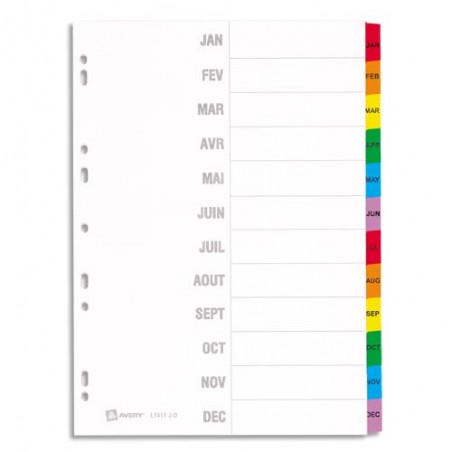 AVERY Répertoire mensuel 12 touches. En carte Blanche, onglets plastifiés de couleur. Format A4.