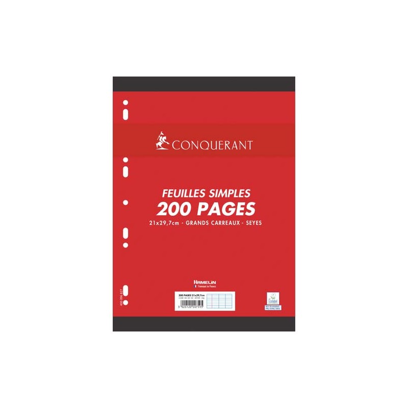 CONQUERANT C7 Feuillets mobiles 21x29,7cm 200 pages grands carreaux 90g. Sous sachet