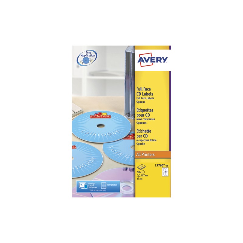 AVERY Boîte de 50 étiquettes Laser couleur pour CD et DVD L7760-25