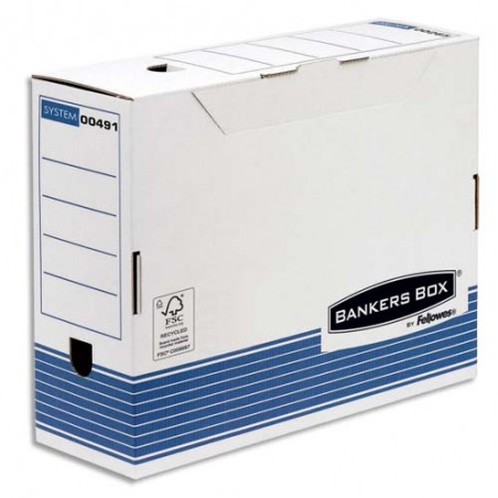 BANKERS BOX Boîte archives dos 10cm SYSTEM, montage automatique, carton recyclé Blanc/Bleu