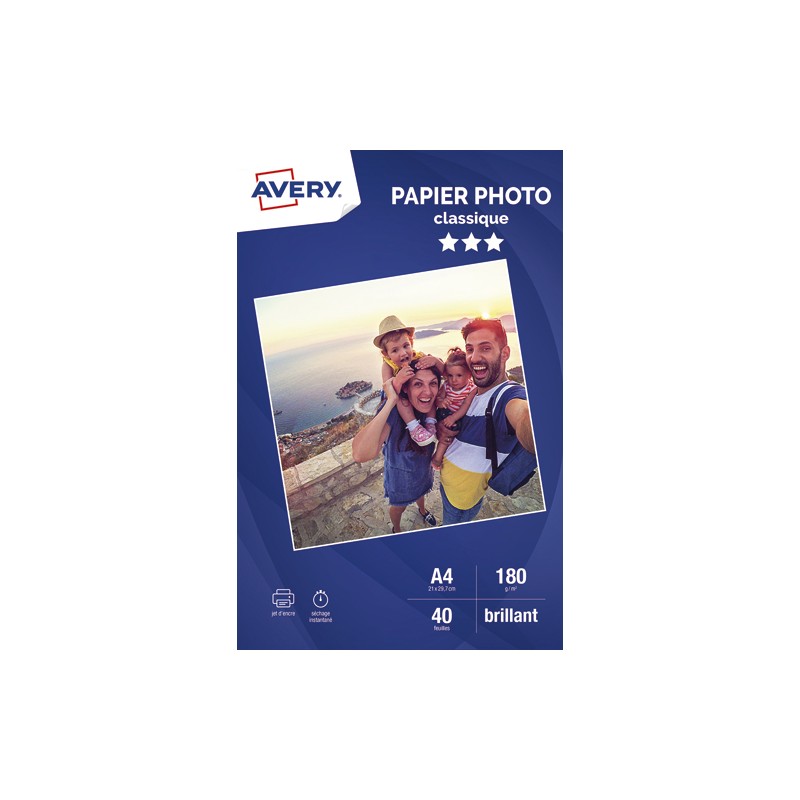 AVERY Boîte de 40 feuilles de papier photo brillant A4, Jet d'encre, 180 g/m²