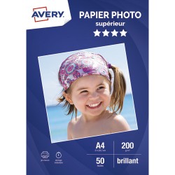 AVERY Boîte de 50 feuilles de papier photo brillant A4, Jet d'encre, 200g/m²