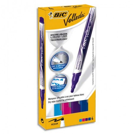 BIC Etui carton de 4 feutres Velleda Liquid Ink ogive 4,5 mm. Violet, Bleu foncé, Bleu turquoise et Rose.