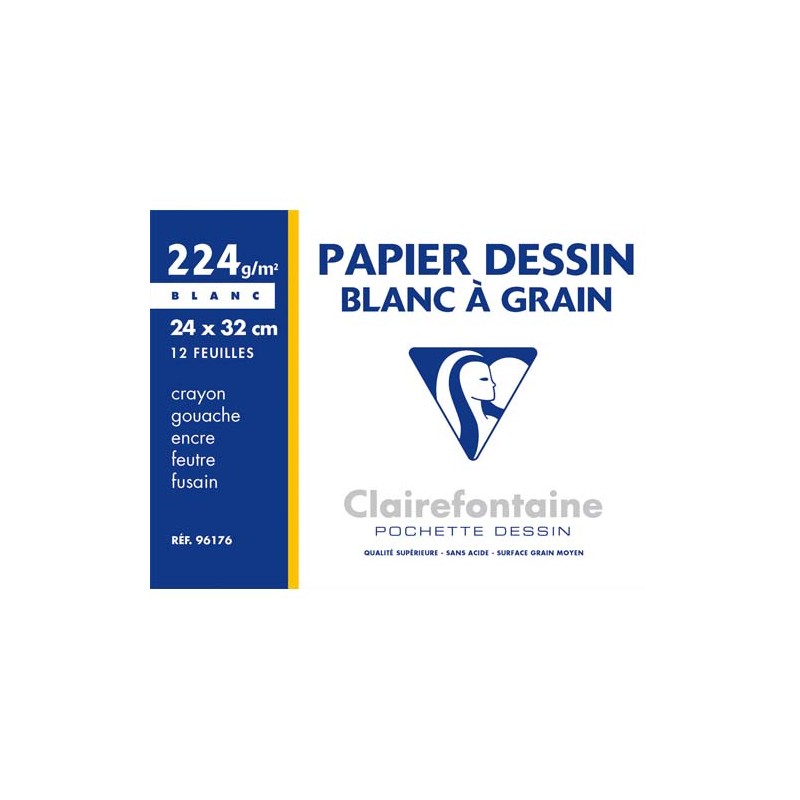 CLAIREFONTAINE Pochette de 12 feuilles papier dessin Blanc 24x32 224g Ref-96176