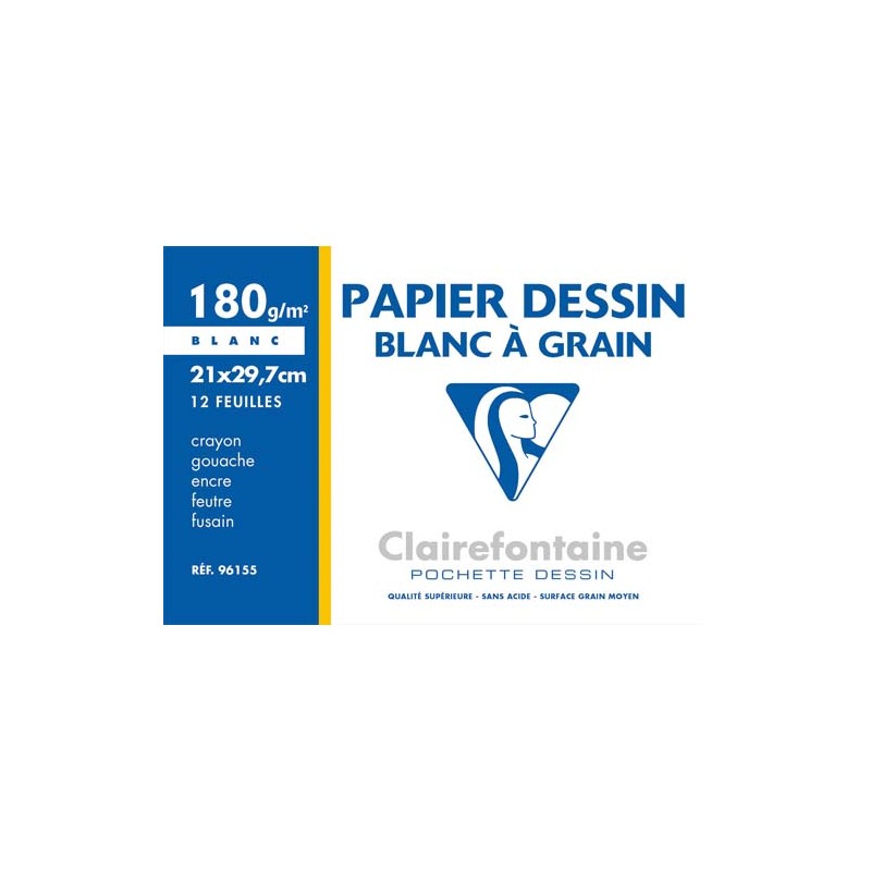CLAIREFONTAINE Pochette de 12 feuilles papier dessin Blanc A4 180g Ref-96155