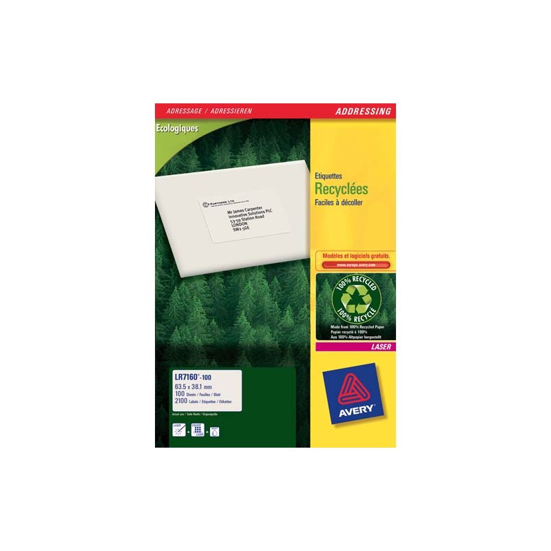 AVERY Boîte de 2100 étiquettes adresse Laser recyclées Blanc 63,5X38,1 LR7160-100