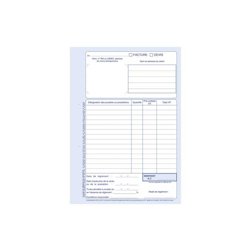 ELVE Manifold auto entrepreneur autocopiant factures format 210x297mm. 40  feuillets dupli