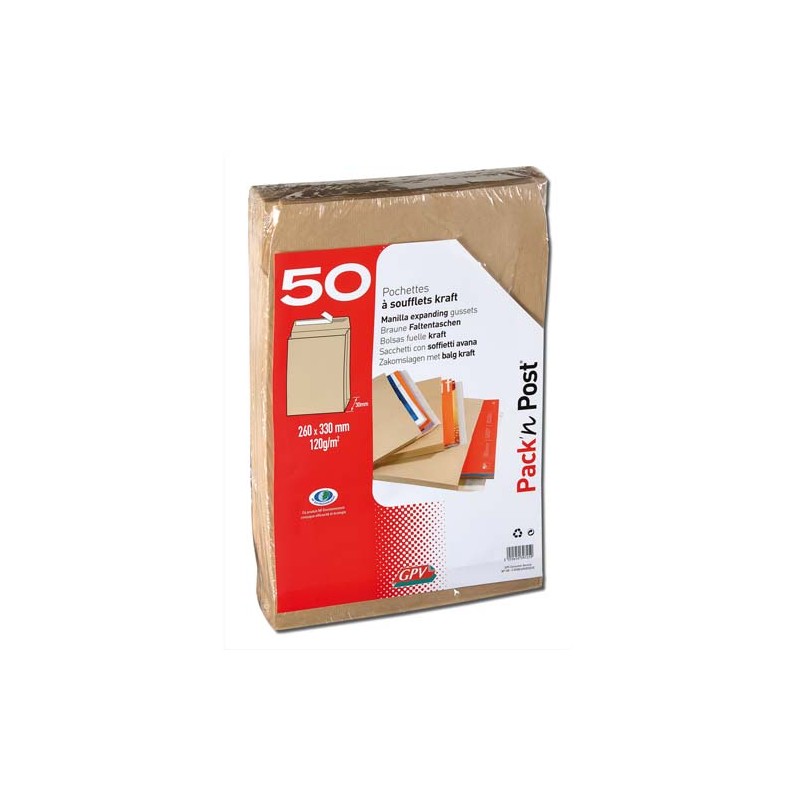 GPV paquet de 50 pochettes kraft brun auto-adhésif, format 24 260x330mm soufflet 30mm120g
