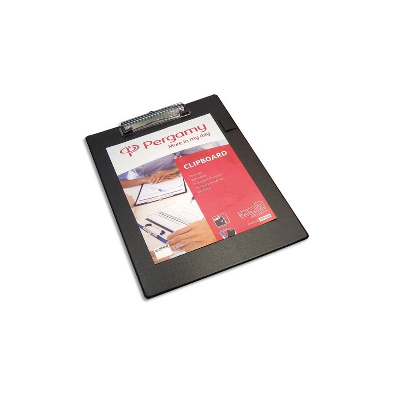 PERGAMY Plaque porte bloc PVC avec pince métal, dimensions : L 23,5 x H 34 cm, Coloris Noir