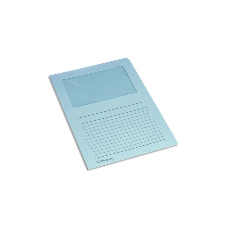 PERGAMY Paquet 100 pochettes coin en carte 120g avec fenêtre. Dimensions 22 x 31 cm. Coloris Bleu clair