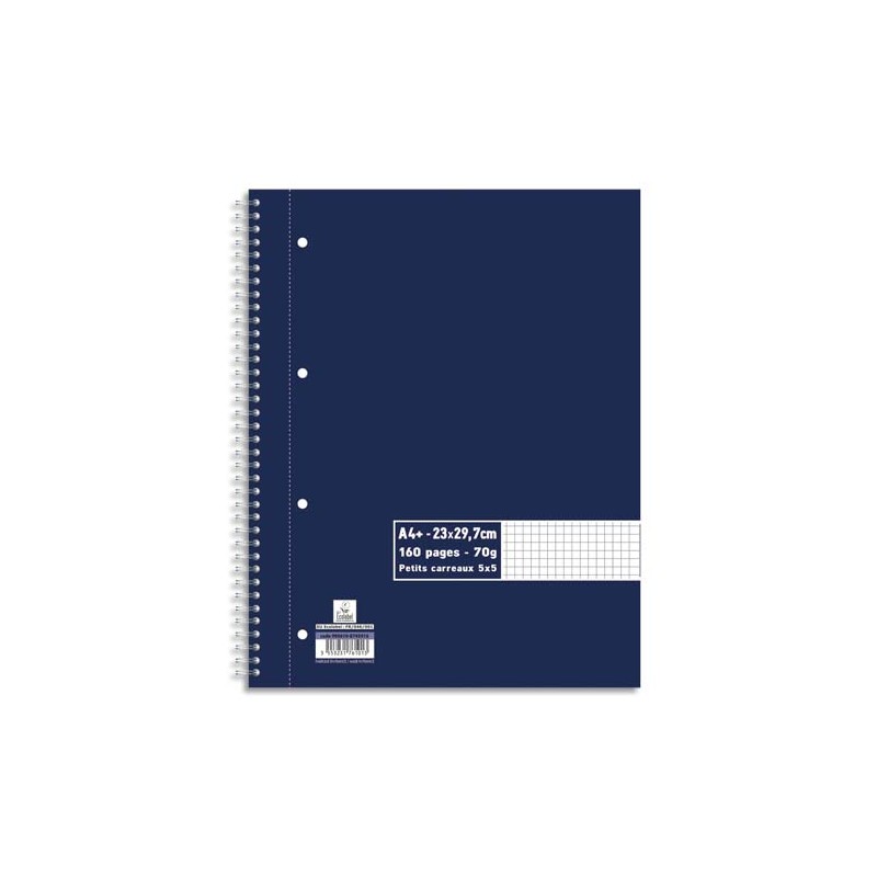 Cahier spirale A4+ 160 pages 70g petits carreaux 5x5. Couverture carte souple Bleu marine
